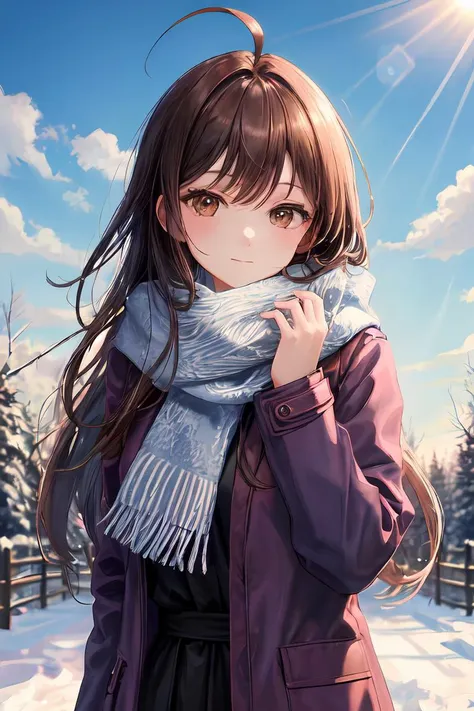 masterpiece, best quality, highres, winter, snow, blue sky, clouds, 1girl, absurdly long hair, ahoge, brown hair, brown eyes, medium breasts, purple jacket, (hand in hair:1.2) leaning, headtilt, expressionless, bokeh, sunray streams, <lora:more_details:0.5>, soft smile, fur-trimmed, scarf