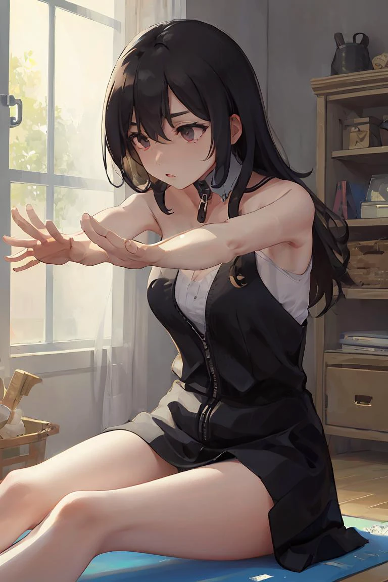 (masterpiece, best quality), 1girl, <lora:stretching:1> stretching, outstretched arms,sitting on ground