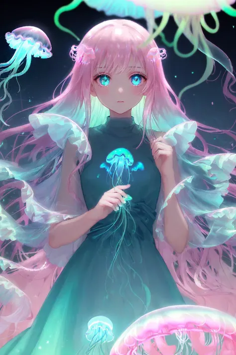(mokeh, portrait:1.2), (masterpiece:1.2), 1 girl, (jellyfish girl, bioluminescence:1.4), (neon glowing, internal glow, color gradient, from pink to green neon color gradient, vibrant colors:1.3), (clear, transparent, translucent:1.2), (round eyes, beautiful sharp eyes, colored white eyelashes, deep pupil), curious expression, strong impression, dark background,white eyelashes, <lora:colored_eyelashes:0.7>, <lora:more_details:0.3>, (perfect face, expressive eyes, artwork, wallpaper:1.2), ocean background, (glowing) flowing dress, ornate dress, intricate pattern, <lora:fairycore:0.3>