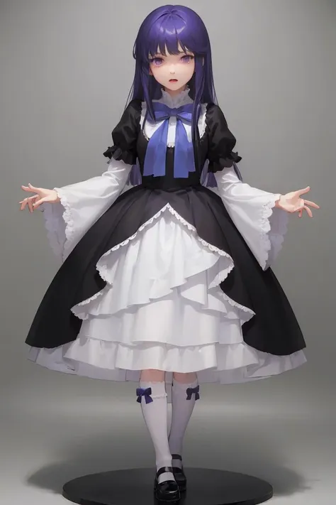 (masterpiece, best quality), 1girl,     <lora:BERNDADAPT1:1> frederica bernkastel, purple eyes, purple hair, long hair, purple bow, dress, frills, white kneehighs,  kneehighs bow, mary janes,