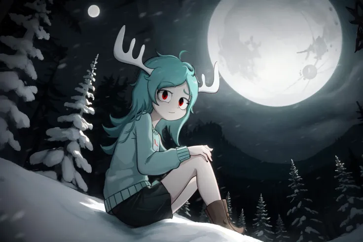 (masterpiece, brutal quality), (extremely detailed, ray tracing:1.2), SpoopyStories, GobbletyTobblety, 1girl, (solo, alone), grey skin, (white antlers), long hair, aqua hair, red eyes, :), aqua sweater, triangle print, black shorts, black boots, sitting, sitting on a log, crossed_legs_(sitting), looking_up, forest, woods, pine trees, falling_snow, winter, night, starry_sky, moon, dark lighting, cinematic lighting, natural lighting, (from below)