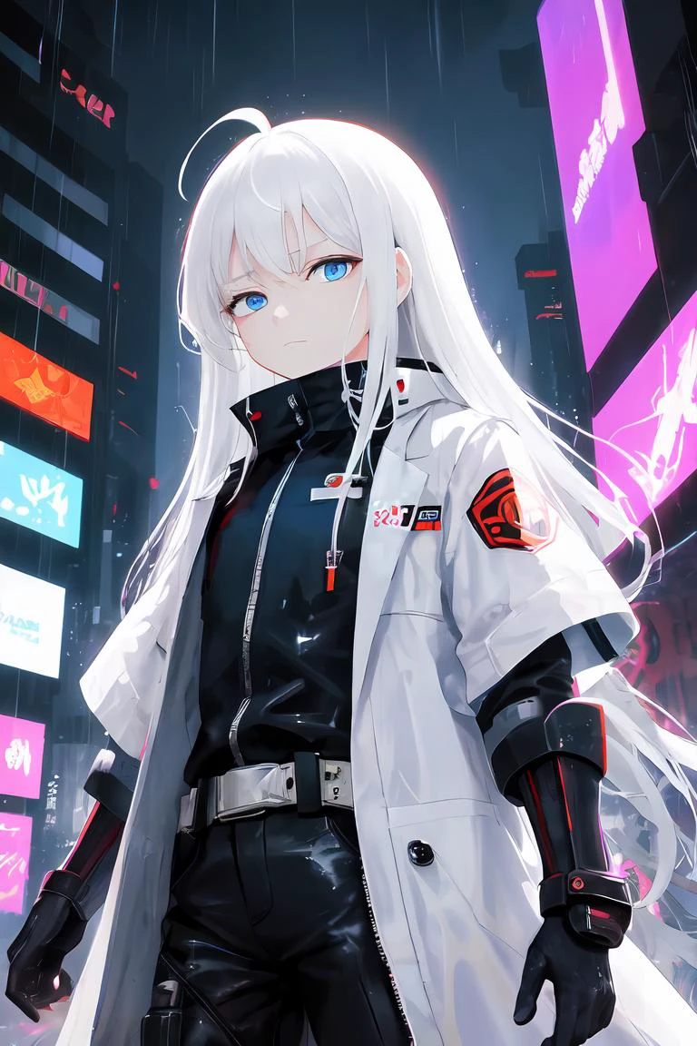 masterpiece, best quality, highres, 1girl, absurdly long hair, solo, ahoge, white hair, blue eyes, expressionless eyes, (white coat:1.1), black shirt, (pale skin:0.8), half-closed eyes, flat chest, empty eyes, sharp eyes, futuristic, cyberpunk, neon lights, cold attitude, tactical gloves, blue theme, closed mouth, red trim, purple trim, leather belts, colorful, vibrant, cyberpunk city, armored, orange and red clouds, dynamic pose, serious, military pants, raining, wet, gauntlets