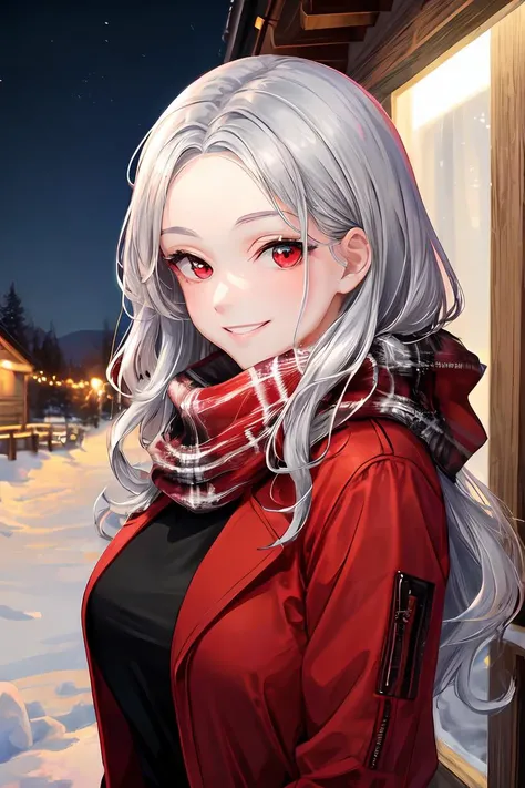 masterpiece, best quality, highres, winter, snow, 1girl, long hair, silver hair, red eyes, (forehead:1.2), wavy hair, medium breasts, red jacket, bokeh, <lora:more_details:0.5>, smile, teeth, fur-trimmed, adult, mature,cabin, night, scarf