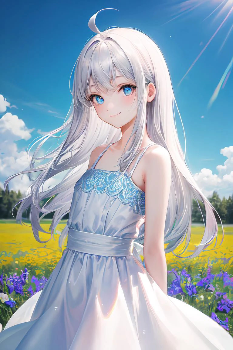 masterpiece, best quality, highres, outdoors, forest, depth of field, flower field, cowboy shot, 1girl, solo, white hair, ahoge, (absurdly long hair:1.3), blue eyes, looking at viewer, (pale skin:0.8), bokeh, sunray streams, colorful, vibrant, white dress, <lora:more_details:0.5>, flat chest, flowers, smile, river, sparkles, blue sky, tindal effect, arms behind back, head tilt, bare shoulders, light particles