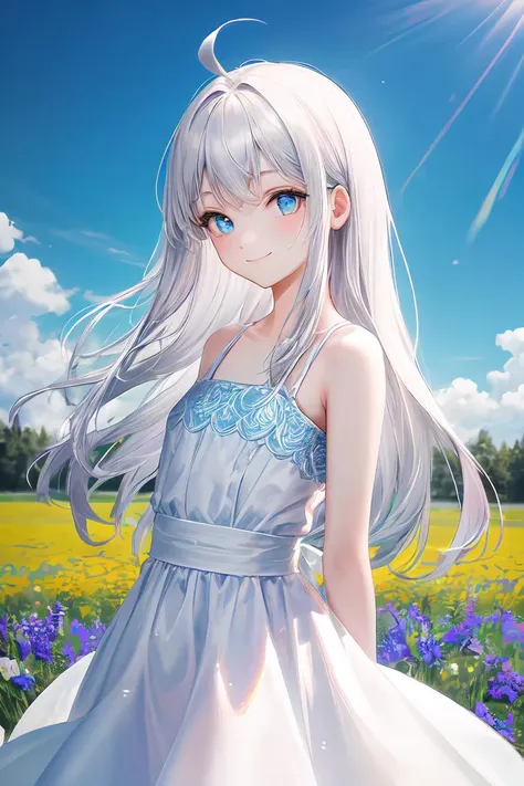 masterpiece, best quality, highres, outdoors, forest, depth of field, flower field, cowboy shot, 1girl, solo, white hair, ahoge, (absurdly long hair:1.3), blue eyes, looking at viewer, (pale skin:0.8), bokeh, sunray streams, colorful, vibrant, white dress,  <lora:more_details:0.5>, flat chest, flowers, smile, river, sparkles, blue sky, tindal effect, arms behind back, head tilt, bare shoulders, light particles
