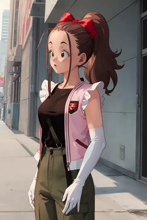 (masterpiece, best quality), 1girl, <lora:cocoangela_v5_prod:1> cocoa, brown hair, black eyes, ponytails, long sideburns || pink dress, frills, red belt, red hair bow, white elbow gloves, white thighhighs ,olive green jacket, brown shirt, army green pants, suspender pants