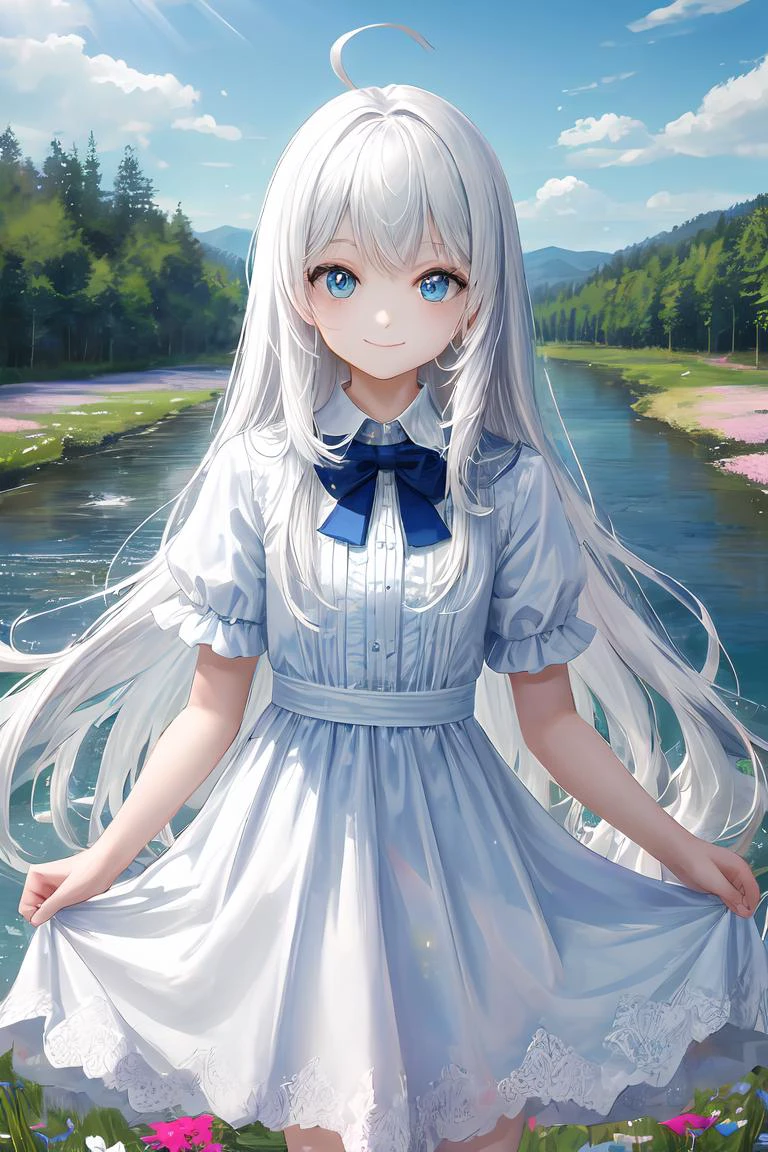 masterpiece, best quality, highres, outdoors, forest, depth of field, flower field, cowboy shot, 1girl, solo, white hair, ahoge, absurdly long hair, blue eyes, looking at viwer, (pale skin:0.8), bokeh, sunray streams, colorful, vibrant, white dress, <lora:more_details:0.5>, flat chest, flowers, smile, river, sparkles, blue sky, tindal effect