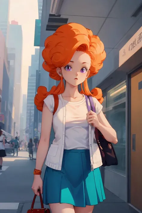 (masterpiece, best quality), 1girl,   <lora:cocoangela_v5_prod:1> angela, orange hair, purple eyes, curly hair, long hair   white t-shirt, teal skirt, short sleeves || yellow dress, white open sweater, sleeveless, handbag, shoulder strap