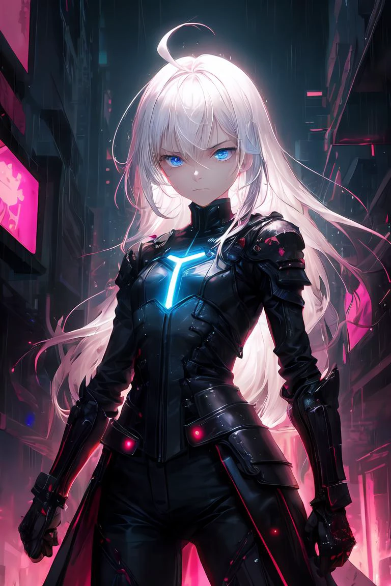 masterpiece, best quality, highres, 1girl, absurdly long hair, solo, ahoge, white hair, blue eyes, expressionless eyes, white coat, black shirt, (pale skin:0.8), half-closed eyes, flat chest, empty eyes, sharp eyes, futuristic, cyberpunk, neon lights, cold attitude, tactical gloves, blue theme, closed mouth, leather belts, colorful, vibrant, cyberpunk city, armored, orange and red clouds, fighting pose, serious, military pants, raining, wet, gauntlets, skeleton armor, glow, <lora:add_detail:1>, <lora:r1ge - AnimeRage:0.3>