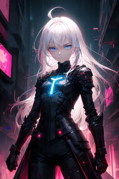 masterpiece, best quality, highres, 1girl, absurdly long hair, solo, ahoge, white hair, blue eyes, expressionless eyes, white coat, black shirt, (pale skin:0.8), half-closed eyes, flat chest, empty eyes, sharp eyes, futuristic, cyberpunk, neon lights, cold attitude, tactical gloves, blue theme, closed mouth, leather belts, colorful, vibrant, cyberpunk city, armored, orange and red clouds, fighting pose, serious, military pants, raining, wet, gauntlets, skeleton armor, glow,  <lora:add_detail:1>,  <lora:r1ge - AnimeRage:0.3>
