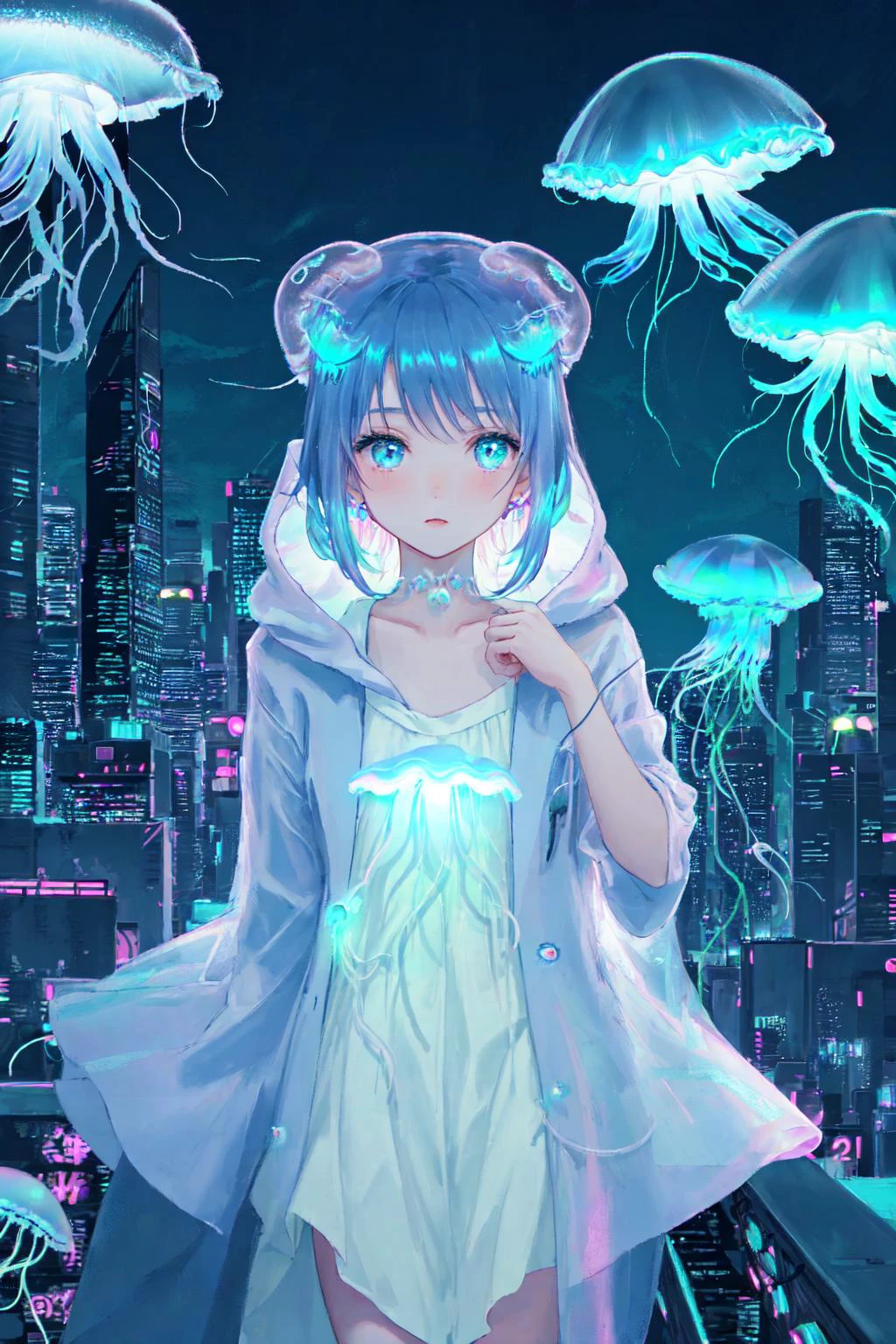 (mokeh, portrait:1.2), (masterpiece:1.2), 1 girl, (jellyfish girl, bioluminescence:1.4), cyberpunk, lace lingerie
BREAK
Neon city, cyberpunk city