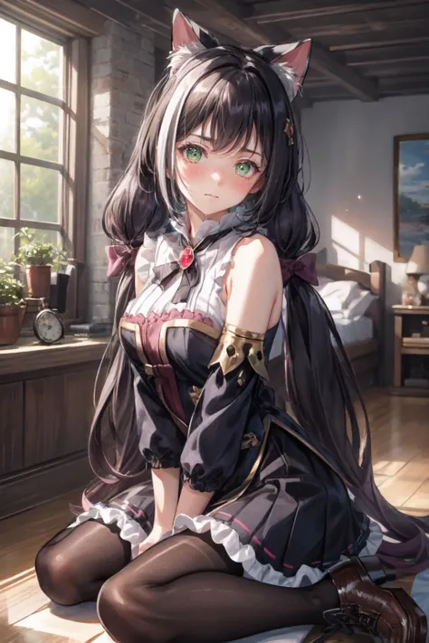 masterpiece, best quality, ultra-detailed,1girl, bangs, bare shoulders, black pantyhose, blush, boots, bow, breasts, brooch, brown footwear, closed mouth, detached sleeves, dress, frilled dress, frilled skirt, frills, green eyes, hair bow, jewelry, karyl, long sleeves, looking at viewer, low twintails, pantyhose, purple bow, sitting, skirt, sleeveless, sleeveless dress, solo, tail, twintails, wariza 
 <lora:more_details:0.5> <lora:aki:1>  <lora:karylV1:1>