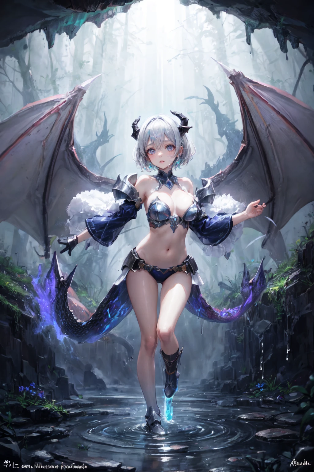 1girl, flat chest, puffy nipples, areolae, linea alba, hips, dragon girl, dragon horns, dragon wings, dragon tail, scales, (blue violet hair, buzz cut, messy hair:1.2), (dark late gray eyes:1.2),
BREAK
bikini armor, pasties, knees to chest, Cave,magical, cavernous, crystals, mysterious passages, dripping streams, bioluminescent fungus, sparkling minerals, mythical atmosphere, adventure vibe, otherworldly ambiance, darkness <lyco:bikini-pastie-armor:1>, <lora:more_details:0.7>, masterpiece, best quality,