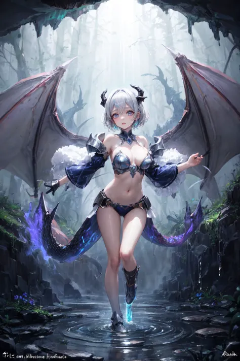 1girl, flat chest, puffy nipples, areolae, linea alba, hips, dragon girl, dragon horns, dragon wings, dragon tail, scales, (blue violet hair, buzz cut, messy hair:1.2), (dark late gray eyes:1.2),
BREAK
bikini armor, pasties, knees to chest, Cave,magical, cavernous, crystals, mysterious passages, dripping streams, bioluminescent fungus, sparkling minerals, mythical atmosphere, adventure vibe, otherworldly ambiance, darkness <lyco:bikini-pastie-armor:1>, <lora:more_details:0.7>, masterpiece, best quality,