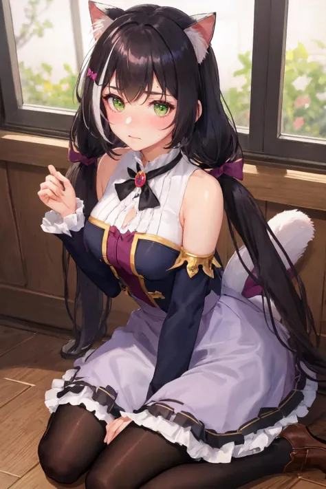 masterpiece, best quality, ultra-detailed,1girl, bangs, bare shoulders, black pantyhose, blush, boots, bow, breasts, brooch, brown footwear, closed mouth, detached sleeves, dress, frilled dress, frilled skirt, frills, green eyes, hair bow, jewelry, karyl, long sleeves, looking at viewer, low twintails, pantyhose, purple bow, sitting, skirt, sleeveless, sleeveless dress, solo, tail, twintails, wariza 
  <lora:karylV1:1>