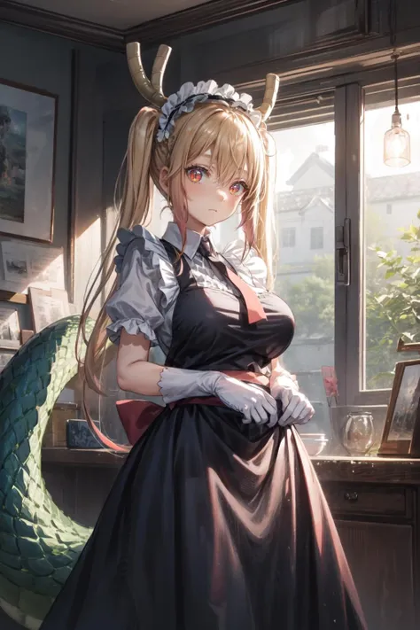 tohru, 1girl, long hair, horns, dragon horns, solo, dragon girl, twintails, looking at viewer, maid headdress, slit pupils, large breasts, maid, gloves, white gloves, hair between eyes, tail, dragon tail, short sleeves, dress, scales <lora:Tohru:1> <lora:more_details:0.7> <lora:aki:1>