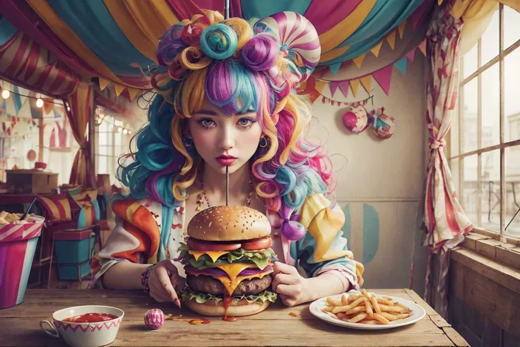 araffe with pink hair and a hamburger in her mouth, belle delphine, devours a hamburger, anime girl in real life, emo girl eating pancakes, better known as amouranth, eating burgers, eating a burger, burger with human mouth, eating a hamburger, young beautiful amouranth, burger with human eyes, ahegao