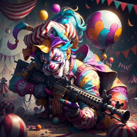 <lora:CircusPunkAIv2-000010:0.8>
CircusPunkAI (colorful:0.9) battle clown, rifle
, detailed, intricate