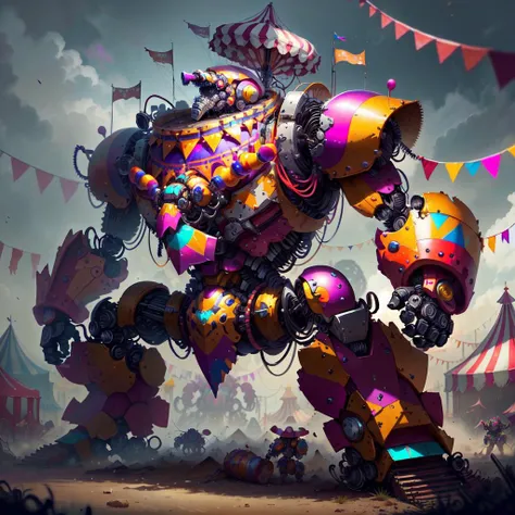 <lora:CircusPunkAIv2-000010:0.9>
CircusPunkAI colorful battle mech
, detailed, intricate