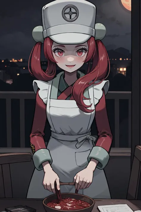 masterpiece, best quality, looking at viewer, facing viewer, nice hands, perfect hands, <lora:PokemonV2:1> <lora:GoodHands-vanilla:1>, generation 9, 1girl, solo, (night:1.3), low key, <lora:LowRA:0.7>, excited, blush, balcony, penthouse, wide windows, city, smile, happy, <lora:pesselle:0.7> pesellle, solo, smile, long sleeves, dress, red hair, apron, eyelashes, white headwear, armband, white apron