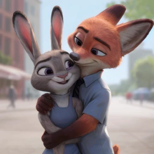 detailed face<lora:Judy_V2.4:0.4>Judy,bunny,fur,female,gray fur, white body<lora:Furtastic_Detailer:0.3> <lora:Nick-WildFRL22nO:0.4> nick wilde, fur, fox, male, red fox,(Judy and Nick hug each other)