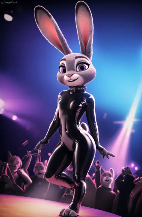 <lora:Judy_V2.4:0.4>, female, (Detailed face), (solo:1.1), (more details:1.1), ((anthro, humanoid)), [(thin:1.1) : small petite : (Judy rabbit:1.2):4], (Detailed face), (anthropomorphic legs, anthropomorphic hands:1.1), (solo), small breasts, tight latex gimpsuit, dancing in nightclub, leather collar, light rays, complex detail