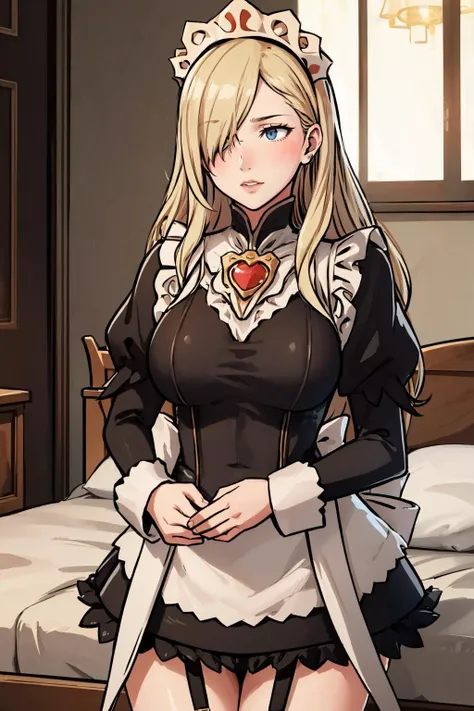masterpiece, best quality, <lora:pheros-nvwls-v1-000009:0.8> pheros, maid headdress, hair over one eye, large breasts, <lora:FEFatesMaid_v1:1> fates maid, indoors, bedroom
