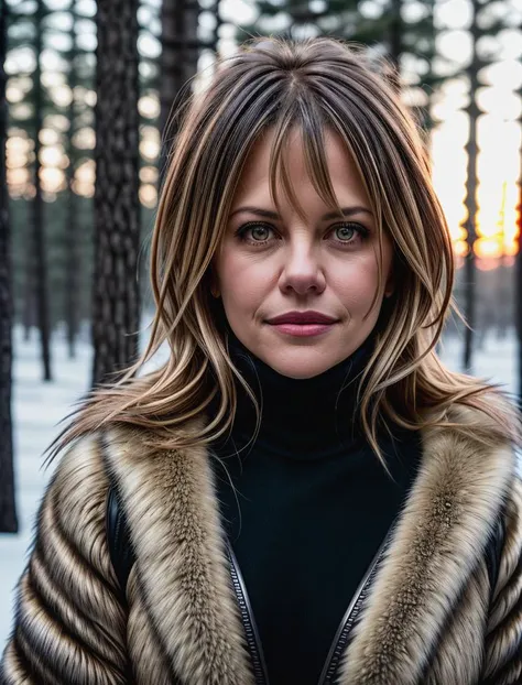 beautiful woman (m3gry4n:.99), beautiful hair, winter forest, elegant, snowing, natural skin texture, (fashionable fur coat), (((black turtleneck))), sunset, cute smile, 24mm, 4k textures, soft cinematic light, adobe lightroom, photolab, hdr, intricate, elegant, highly detailed, sharp focus, ((((cinematic look)))), soothing tones, insane details, intricate details, hyperdetailed, low contrast, soft cinematic light, exposure blend, hdr, faded, <lora:more_details:.6>, <lora:wowifierV3:.6>
