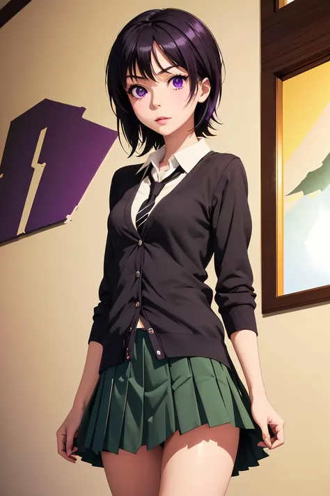 (masterpiece, best quality), 1girl,  <lora:yozora mikazuki s2-lora-nochekaiser:*****zora mikazuki, short hair, black hair, (purple eyes:1.1), shirt, school uniform, necktie, cardigan, black necktie, skirt, green skirt, pleated skirt,