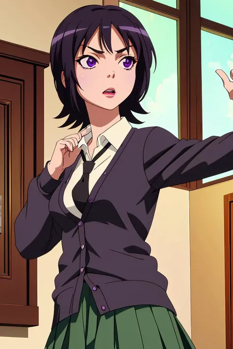 (masterpiece, best quality), 1girl,  <lora:yozora mikazuki s2-lora-nochekaiser:*****zora mikazuki, short hair, black hair, (purple eyes:1.1), shirt, school uniform, necktie, cardigan, black necktie, skirt, green skirt, pleated skirt,