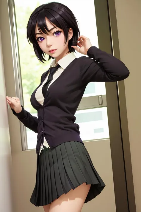 (masterpiece, best quality), 1girl,  <lora:yozora mikazuki s2-lora-nochekaiser:1> yozora mikazuki, short hair, black hair, (purple eyes:1.1), shirt, school uniform, necktie, cardigan, black necktie, skirt, green skirt, pleated skirt,