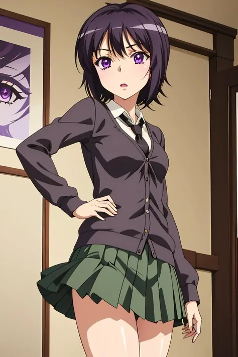 (masterpiece, best quality), 1girl,  <lora:yozora mikazuki s2-lora-nochekaiser:*****zora mikazuki, short hair, black hair, (purple eyes:1.1), shirt, school uniform, necktie, cardigan, black necktie, skirt, green skirt, pleated skirt,