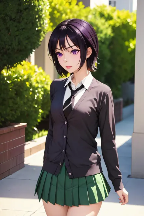 (masterpiece, best quality), 1girl,  <lora:yozora mikazuki s2-lora-nochekaiser:*****zora mikazuki, short hair, black hair, (purple eyes:1.1), shirt, school uniform, necktie, cardigan, black necktie, skirt, green skirt, pleated skirt,