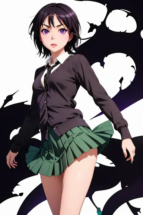 (masterpiece, best quality), 1girl,  <lora:yozora mikazuki s2-lora-nochekaiser:1> yozora mikazuki, short hair, black hair, (purple eyes:1.1), shirt, school uniform, necktie, cardigan, black necktie, skirt, green skirt, pleated skirt,