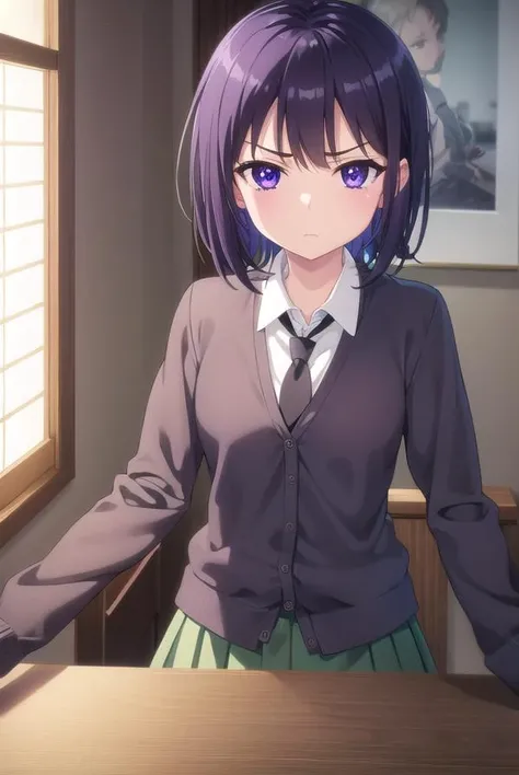 yozoramikazuki, <lora:yozora mikazuki s2-lora-nochekaiser:1>,
yozora mikazuki, short hair, black hair, (purple eyes:1.1), angry, frown,
BREAK shirt, school uniform, necktie, cardigan, black necktie, skirt, green skirt, pleated skirt,
BREAK indoors, classroom,
BREAK looking at viewer, (cowboy shot:1.5),
BREAK <lyco:GoodHands-beta2:1>, (masterpiece:1.2), best quality, high resolution, unity 8k wallpaper, (illustration:0.8), (beautiful detailed eyes:1.6), extremely detailed face, perfect lighting, extremely detailed CG, (perfect hands, perfect anatomy),
