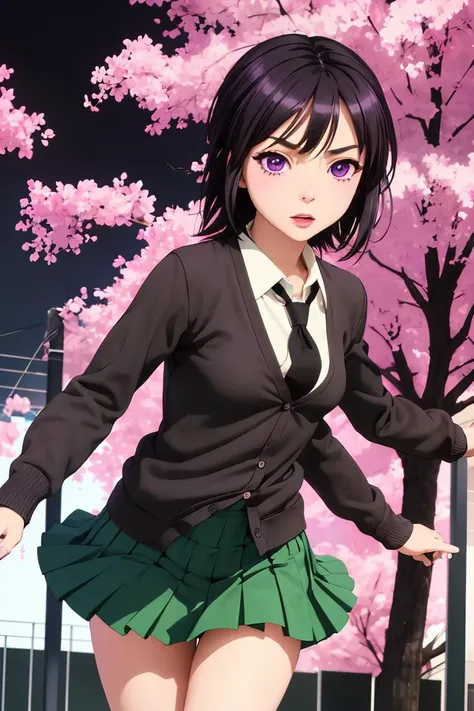 (masterpiece, best quality), 1girl,  <lora:yozora mikazuki s2-lora-nochekaiser:*****zora mikazuki, short hair, black hair, (purple eyes:1.1), shirt, school uniform, necktie, cardigan, black necktie, skirt, green skirt, pleated skirt,