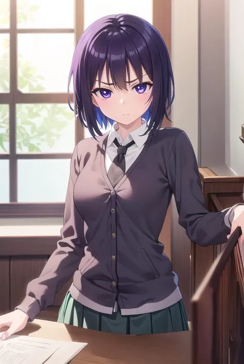 yozoramikazuki, <lora:yozora mikazuki s2-lora-nochekaiser:1>,
yozora mikazuki, short hair, black hair, (purple eyes:1.1), angry, frown,
BREAK shirt, school uniform, necktie, cardigan, black necktie, skirt, green skirt, pleated skirt,
BREAK indoors, classroom,
BREAK looking at viewer, (cowboy shot:1.5),
BREAK <lyco:GoodHands-beta2:1>, (masterpiece:1.2), best quality, high resolution, unity 8k wallpaper, (illustration:0.8), (beautiful detailed eyes:1.6), extremely detailed face, perfect lighting, extremely detailed CG, (perfect hands, perfect anatomy),