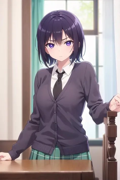 yozoramikazuki, <lora:yozora mikazuki s2-lora-nochekaiser:1>,
yozora mikazuki, short hair, black hair, (purple eyes:1.1), angry, frown,
BREAK shirt, school uniform, necktie, cardigan, black necktie, skirt, green skirt, pleated skirt,
BREAK indoors, classroom,
BREAK looking at viewer, (cowboy shot:1.5),
BREAK <lyco:GoodHands-beta2:1>, (masterpiece:1.2), best quality, high resolution, unity 8k wallpaper, (illustration:0.8), (beautiful detailed eyes:1.6), extremely detailed face, perfect lighting, extremely detailed CG, (perfect hands, perfect anatomy),