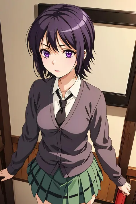 (masterpiece, best quality), 1girl,  <lora:yozora mikazuki s2-lora-nochekaiser:*****zora mikazuki, short hair, black hair, (purple eyes:1.1), shirt, school uniform, necktie, cardigan, black necktie, skirt, green skirt, pleated skirt,