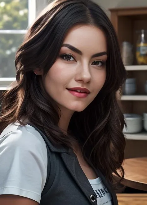 (close-up, editorial photograph of elishacuthbert-smf), (highly detailed face:1.4) (smile:0.7) (detailed skin:1.2),
<lora:elishacuthbert_smf_lora_02:0.9>, 1girl,solo, black hair, table, realistic, kitchen, window, looking at viewer, jacket, pants, lips, long hair, house interior, decorated walls, t-shirt, mid-body
<lora:add_detail:0.4>