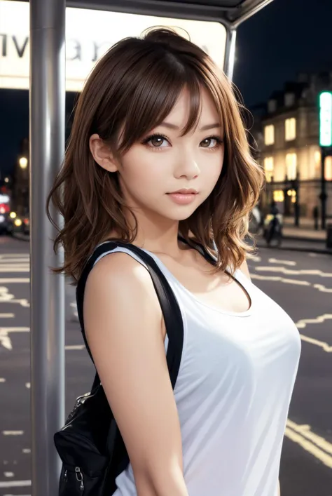 (masterpiece, best quality, front view, 1girl, bright eyes, eyelashes, detailed face), cowboy shot, brown hair, medium wavy hair, looking at viewer, medium breasts, from front, standing, model posing, BREAK Bus stop at night, London bus, outdoors, tank top T-shirts,