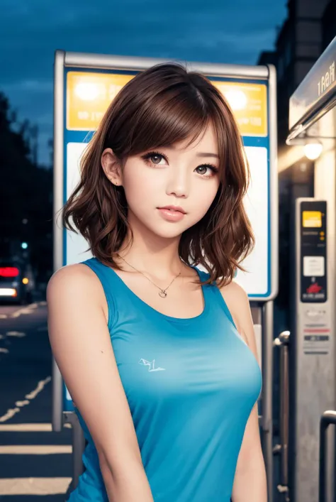 (masterpiece, best quality, front view, 1girl, bright eyes, eyelashes, detailed face), cowboy shot, brown hair, medium wavy hair, looking at viewer, medium breasts, from front, standing, model posing, BREAK Bus stop at night, London bus, outdoors, tank top T-shirts,