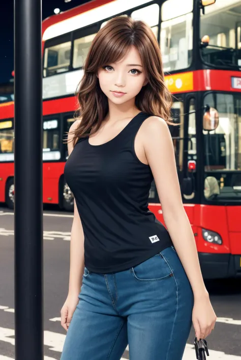 (masterpiece, best quality, front view, 1girl, bright eyes, eyelashes, detailed face), cowboy shot, brown hair, medium wavy hair, looking at viewer, medium breasts, from front, standing, model posing, BREAK Bus stop at night, London bus, outdoors, tank top T-shirts,