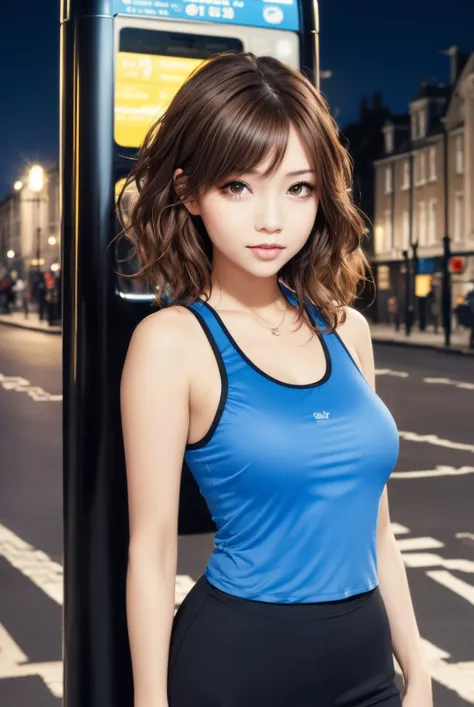 (masterpiece, best quality, front view, 1girl, bright eyes, eyelashes, detailed face), cowboy shot, brown hair, medium wavy hair, looking at viewer, medium breasts, from front, standing, model posing, BREAK Bus stop at night, London bus, outdoors, tank top T-shirts,