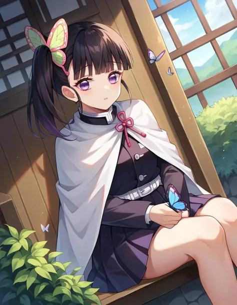 Nsfw,1girl,1boy,sex,vaginal,clothed,kimetsu no yaiba style, butterfly hair ornament, hair ornament, butterfly, bug, demon slayer uniform, purple eyes, side ponytail, butterfly on hand, smile, black hair, white cape, cape, outdoors, bangs, tree, fence, anime coloring, ((masterpiece)), black uniform, black skirt,