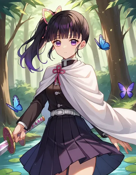 score_9, score_8_up, score_7_up, source_anime,
kanaotsuyuri, <lora:kanao-tsuyuri-ponyxl-lora-nochekaiser:1>,
kanao tsuyuri, black hair, butterfly, butterfly hair ornament, purple eyes, side ponytail, ponytail,
black skirt, cape, demon slayer uniform, long sleeves, pleated skirt, skirt, white cape,
outdoors, forest, nature, sword, holding weapon, holding sword, weapon,
looking at viewer, dutch angle, cowboy shot,