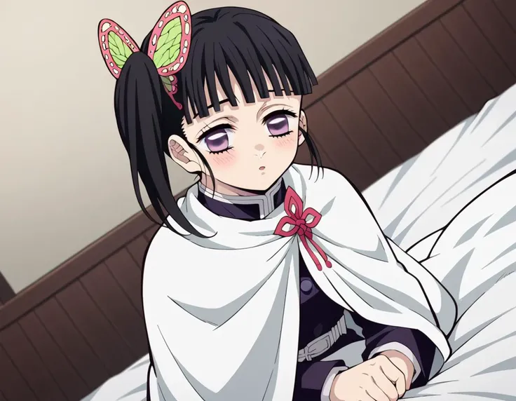 score_9, score_8_up, score_7_up, source_anime,
kanaotsuyuri, <lora:kanao-tsuyuri-anime-ponyxl-lora-nochekaiser:1>,
kanao tsuyuri, black hair, butterfly, butterfly hair ornament, purple eyes, side ponytail, ponytail,
black skirt, cape, demon slayer uniform, long sleeves, pleated skirt, skirt, white cape,
indoors, bed, bed room, on side, blush, drunk,
solo, dutch angle, looking at viewer, cowboy shot,