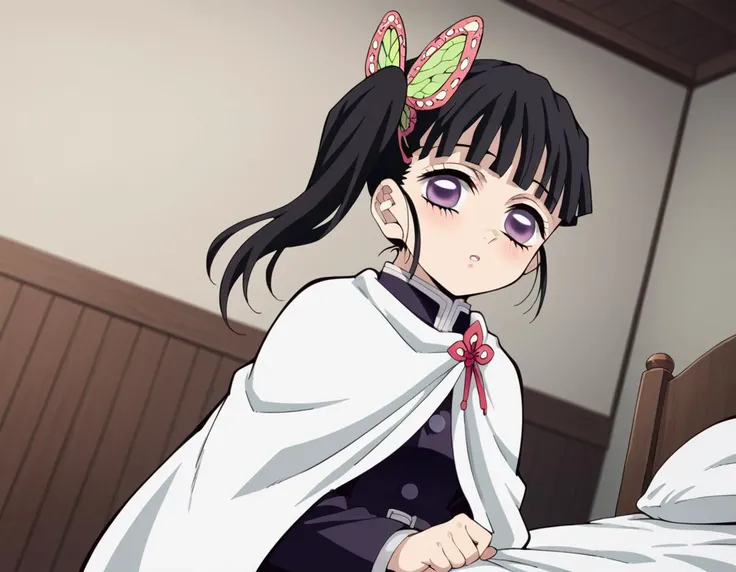 score_9, score_8_up, score_7_up, source_anime,
kanaotsuyuri, <lora:kanao-tsuyuri-anime-ponyxl-lora-nochekaiser:1>,
kanao tsuyuri, black hair, butterfly, butterfly hair ornament, purple eyes, side ponytail, ponytail,
black skirt, cape, demon slayer uniform, long sleeves, pleated skirt, skirt, white cape,
indoors, bed, bed room, on side, blush, drunk,
solo, dutch angle, looking at viewer, cowboy shot,