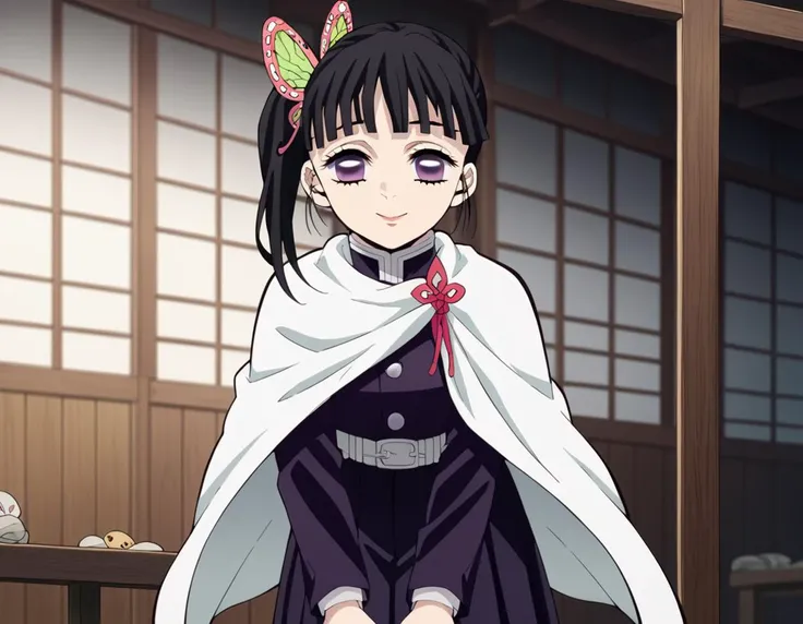 score_9, score_8_up, score_7_up, source_anime,
kanaotsuyuri, <lora:kanao-tsuyuri-anime-ponyxl-lora-nochekaiser:1>,
kanao tsuyuri, black hair, butterfly, butterfly hair ornament, purple eyes, side ponytail, ponytail,
black skirt, cape, demon slayer uniform, long sleeves, pleated skirt, skirt, white cape,
indoors, dojo, bent over, smile,
solo, dutch angle, looking at viewer, cowboy shot,