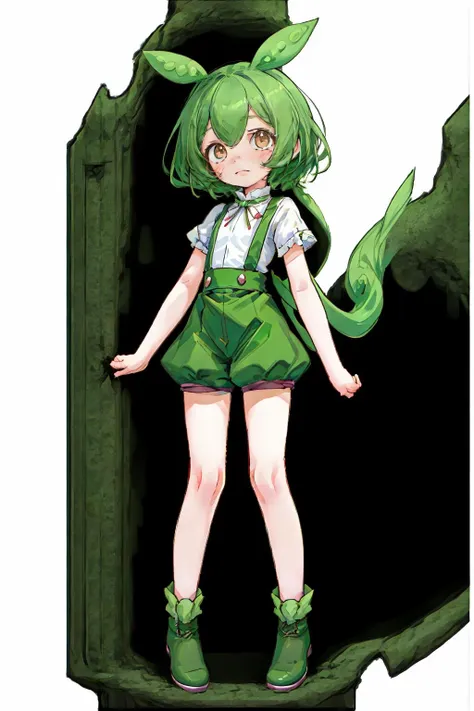 extremely delicate and beautiful, amazing,masterpiece, (Depth of field:1.2), 1girl, (white clothes:1.6), green pants,green short hair, suspenders, (simple background, white background:1.8),looking at viewer,
 <lora:zundamon_f_AC_v1.0:0.7>  <lora:age_changer_last:4>